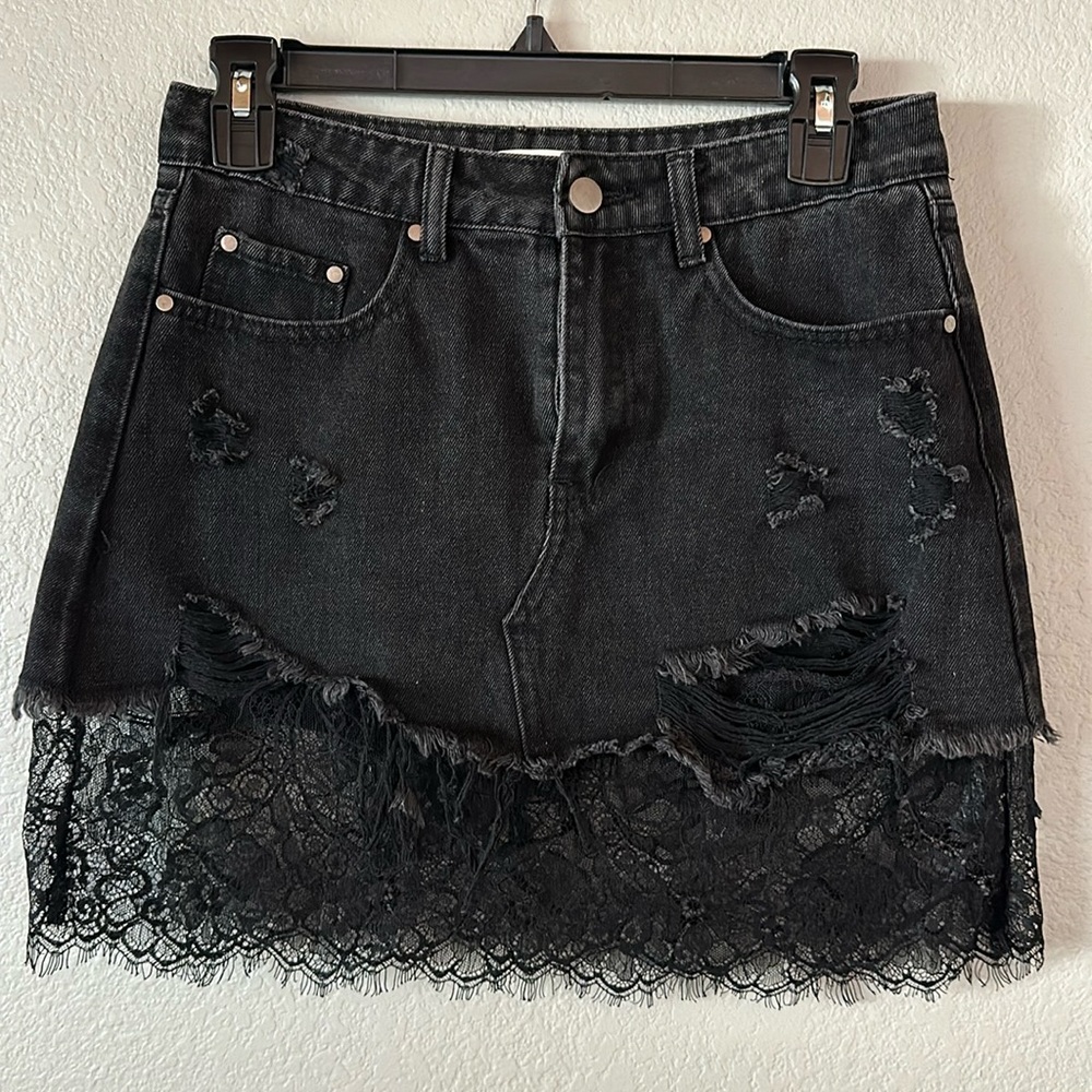 Black Denim Lace Destroyed Distressed Mini Skirt Small Mustard Seed